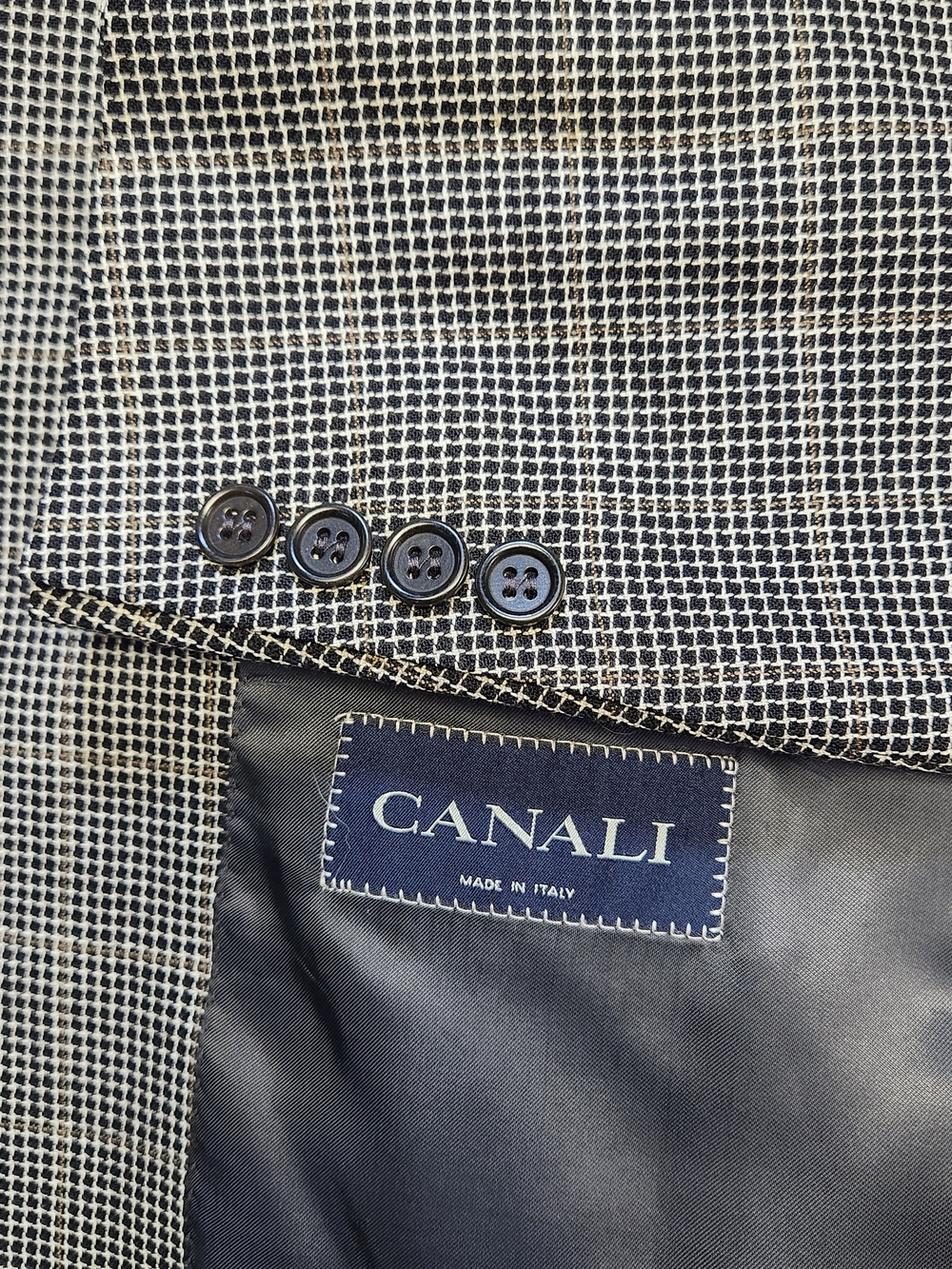 Canali Brown Black Houndstooth 100% Wool Sport Coat Jacket Sz 48L Pin Hole Flaw